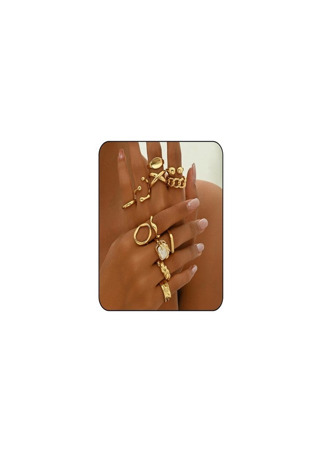 PINCHUAN Chunky Gold Rings for Women Vintage Chunky Gold Ring Adjustable Stackable Thick Band Knuckle & Midi Rings Mixed Size Gold Ring Set Jewelry-12PCS - Image 1